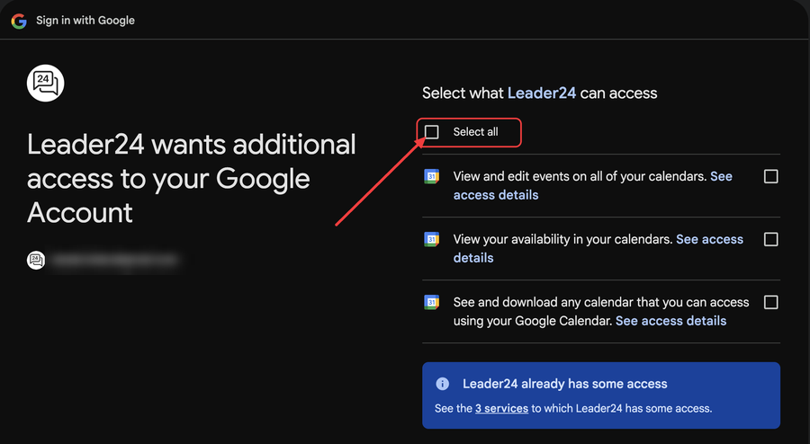 Schermata dei permessi di Google