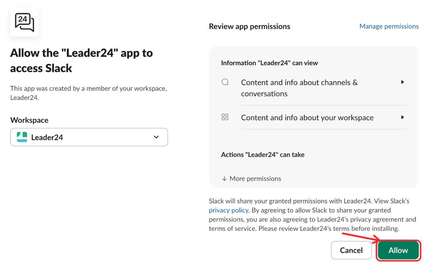 Schermata di autorizzazione Slack